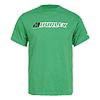 Static image of a green short-sleeve t-shirt with horizontal text and logo on the back, displayed against white background.