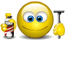 Animated sequence showing a yellow cartoon face with blue eyes and a smile, interacting with a spray can and brush to paint its surface white.