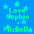 Blue background with light blue stars and green text reading "I Love Sophie + Michelle" in two identical vertical