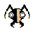 Animated pixel art of a black ant-like creature with white eyes and orange stripes, moving across a gray background.