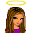 A 3x3 contact sheet of a pixel art angel character with purple and white clothing, yellow halo, and text phrases like "Bright N Shiny" and "See My Halo" across multiple frames showing different poses and close-ups.