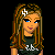 Pixel art icon of a female character with long brown hair, blue eyes, and a white lightning bolt accessory on her head wearing a dark green shirt with white text.