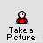 Pixelated character in red shirt with white face and black outline, standing above text reading 'Take a Picture' on light gray background.
