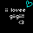 Pixelated cyan heart symbol above white text reading 'ii lovee giigii!!' with a '<3' emoticon on black background.