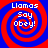 Four identical spiral-patterned with red and blue concentric circles, each containing white text reading 'Llamas Say Obey!' in pixelated font