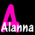Two stylized 'A' letters with the name 'Alanna' beneath each, rendered in pink and white on black background.