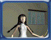 Animated sequence of a figure in traditional attire holding a glowing object, transitioning between white and teal outfits against a windowed background.