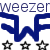 A split-screen animated contact sheet showing two frames of a Weezer-themed buddy icon with pixelated text and symbols on white and green backgrounds.