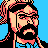 Pixelated 48x48 static icon of a bearded man with glasses against blue background, featuring dithered pink hair and black clothing.