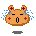Pixel art contact sheet of a cartoon hamster character with five distinct expressions across sampled frames, featuring brown fur, purple ear spots, red cheek marks, and blue sweat droplets in some poses.