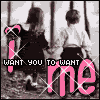 Two side-by-side show a grayscale image of two figures holding hands with pink text overlay reading "I WANT YOU TO WANT me" and white crosshatch patterns