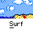 Pixelated animation of a penguin surfing on a wave, transitioning from standing on a beach to riding a wave, with repeated 'Surf' text below each frame.
