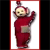 Pixelated character in red full-body suit with raised arm, standing against white background bordered by red frame.