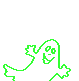 Green outlined ghost figures with smiling faces and varied poses on a gray background, some with arms raised or extended.