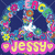 Pixelated peace sign with floral border and changing text on pink banners below.