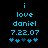 Pixelated blue text on black background reads 'i love daniel 7.22.07' with five star symbols below, showing different star arrangements