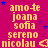A static image with a bright pink background displays repeated text in yellow and blue, including 'amo-te', 'joana', 'sofia', 'sereno', and 'nicolau' alongside small star symbols.