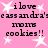 Pink background with white star shapes and repeated black text reading "i love cass andra's mom cookies!!" in a pixelated font.
