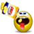 Animated sequence of a yellow emoji face with blue eyes and red tongue eating chips from an orange, white, and blue bag labeled 'SUN' on gray background.