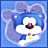 Pixelated cartoon icon of a blue-furred animal with large ears, white face, and red nose against light blue background.