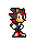 Pixel art character with black fur, red accents on head and shoes, yellow muzzle, white gloves, standing in two poses against a plain background.