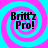 Four identical display "Britt'z Pro!" text over cyan and magenta spiral backgrounds with pixelated edges