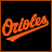 Four pixelated display Baltimore Orioles branding elements including script text, a diamond logo, and two cartoon bird characters on orange and black backgrounds