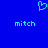 Blue background with cyan pixelated heart symbol above two instances of the word 'mitch' in lowercase.