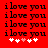 Red background with repeated black text "ilove you" and white/pink heart symbols below, showing animation changes in heart positions.