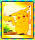 Yellow cartoon character with red cheeks and black-tipped ears stands in a grassy field under a bright sky, holding a small object in one hand.