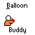 Pixelated orange character with white head holds red balloon, balloon inflates then pops with red fragments and "POP!" text, character returns to neutral pose.