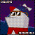 Pixelated character with large eyes, red hat and pants, white body, brown glasses, standing against purple background with blue lower section.