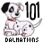 Pixelated static icon featuring a Dalmatian dog with black spots, red collar, and the text "101" above and "DALMATIONS" below on white background.
