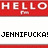Red banner with 'HELLO' text and 'frn' subtext, white background with black pixelated text, gray overlay on right side.