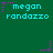 Green background with cyan text 'megan randazzo' repeated in three , each preceded by a pink star and dotted line. Pink stars animate to change position relative to the text