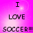 A static image with a pink gradient background displays the text "I LOVE SOCCER!!!" in black pixelated font across two