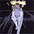 Pixelated figure with glowing white body, dark flowing hair, and golden crown-like headpiece against dark background.