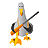 Pixelated bird-like figure with gray body, yellow beak, and orange feet holding black-and-white striped object against gray background.