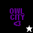 Purple 'OWL CITY' text with a heart symbol appears on four background variations: black, gray, white, and dark gray. A star icon alternates between white and black.