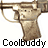 Pixelated static icon of a cartoonish figure holding a bow and arrow with text "Coolbuddy" below, rendered in brown tones on white background.