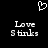 Pixelated white heart symbol above two identical text blocks reading 'Love' and '5 tinks' on black background.