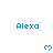 Pixelated blue text "Alexa" appears above blue heart icons on a white background with a gray overlay at bottom right.
