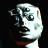Pixelated static image of a stylized face with large eyes and light-colored skin against dark background.