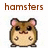 Pixelated hamster icon with brown and beige fur, pink ears, black eyes, and a small mouth; text above reads 'hamsters' on left and 'own!!' on right.