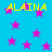 Blue background with scattered pink stars and yellow text reading 'ALAINA' repeated across the image.