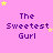 A static image with a pink background displaying repeated text "The Sweetest Gurl" in purple pixelated font, surrounded by yellow and light pink stars.