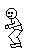 Pixelated figure in white clothing performs a sequence of crouched poses with arms raised, transitioning from left to right