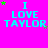 Bright pink background with cyan text reading "I LOVE TAYLOR" and scattered green/purple star shapes in a
