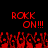 Red pixelated text and figures on black background with repeated 'ROKK ON!!!' phrases.