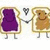 Animated pixel art of two anthropomorphic bread slices holding hands, one with purple filling and the other with brown filling, each with a heart symbol between them.